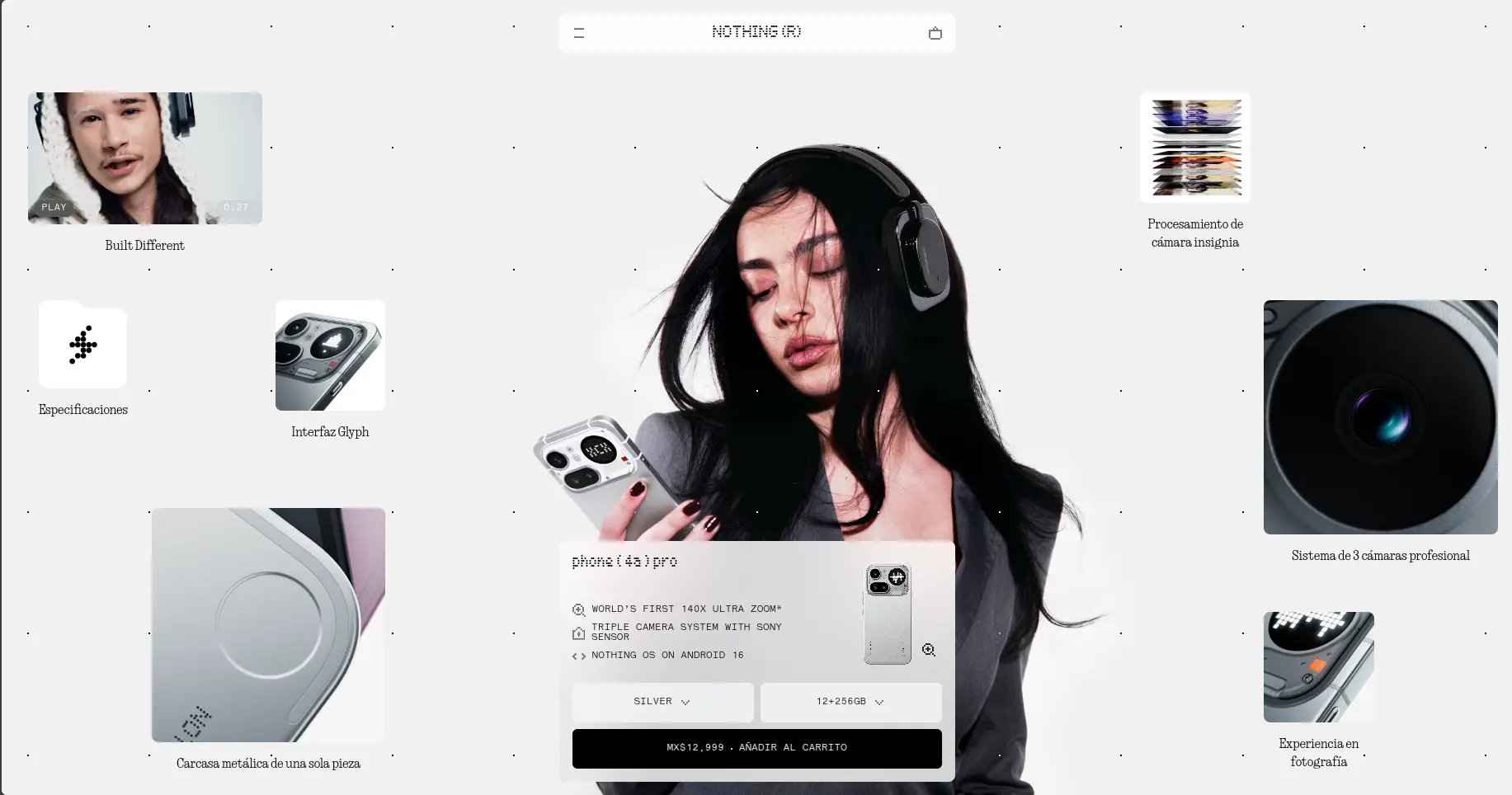 Página de producto del Nothing Phone (3a) Pro: la modelo al centro, tarjetas de video y detalle alrededor, y una ficha con precio y botón de añadir al carrito.