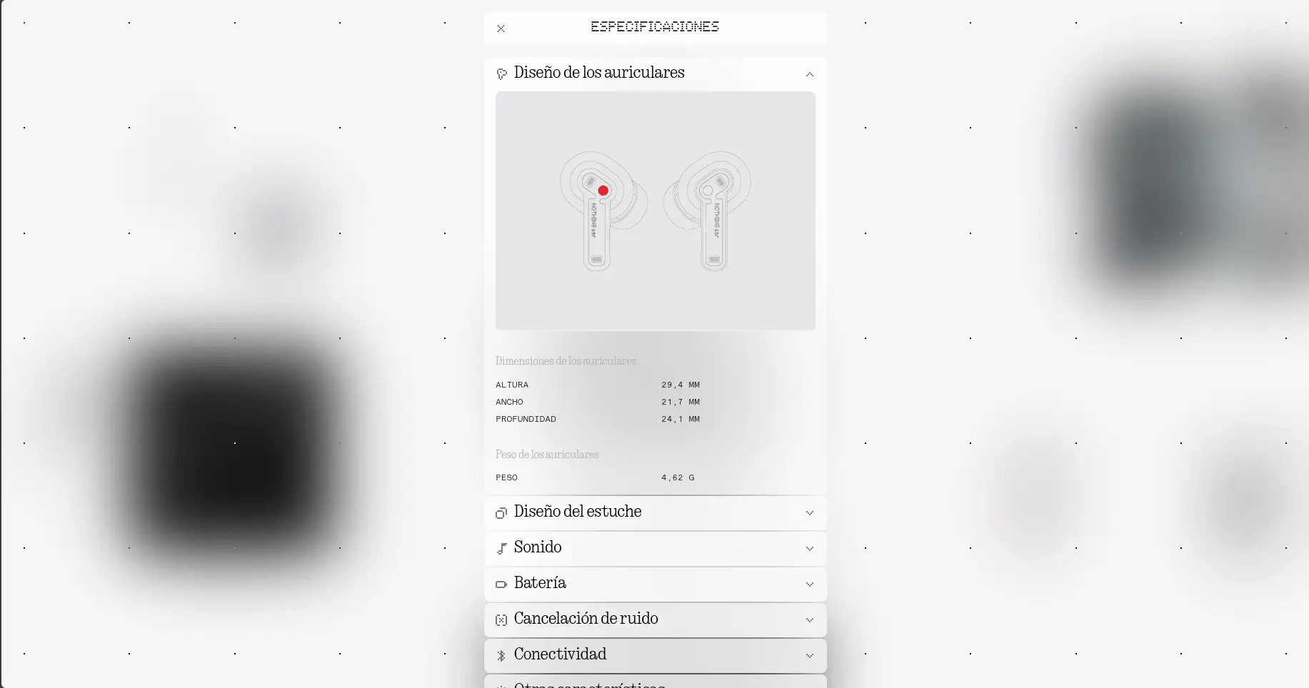 Panel de especificaciones desplegable con dimensiones, peso, sonido, batería y conectividad de los audífonos.