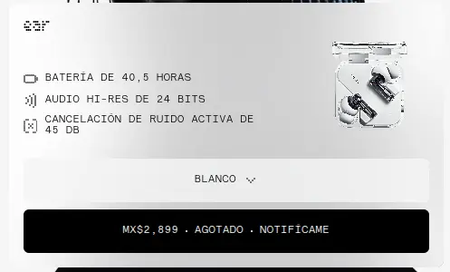 Ficha de compra flotante con batería, audio y cancelación de ruido, selector de color y botón de precio.