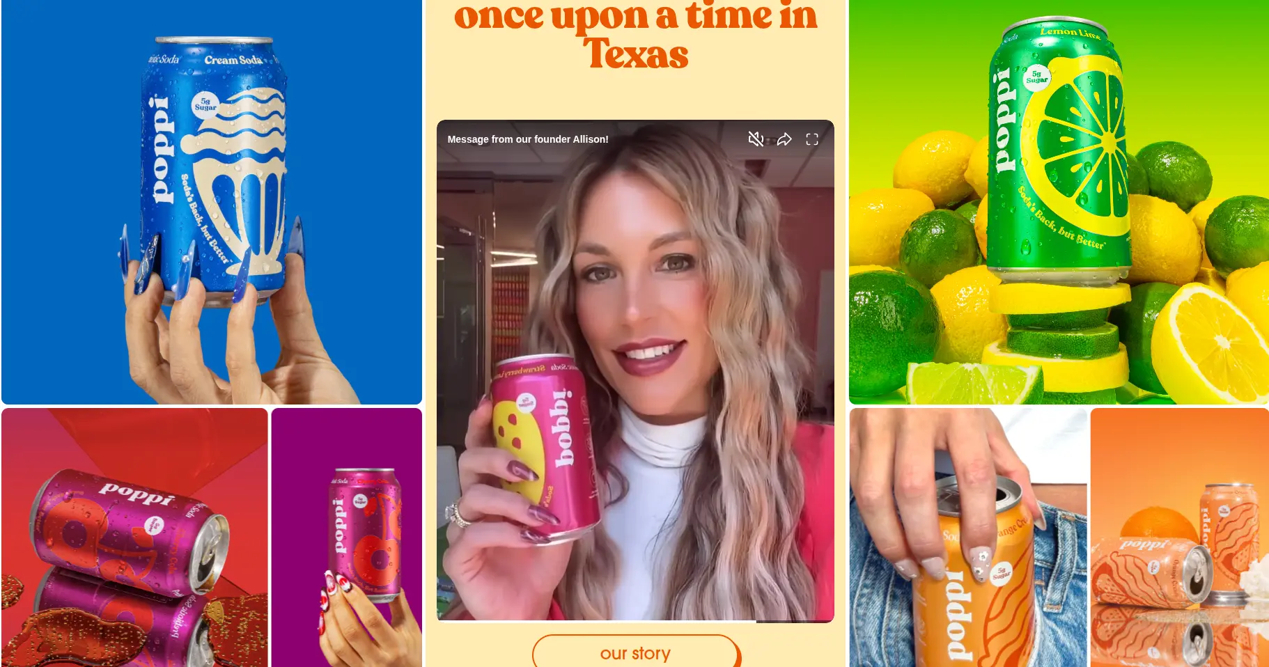 Mosaico del home de Poppi: latas sobre fondos de color saturado y, al centro, un video de la fundadora con el botón «our story».