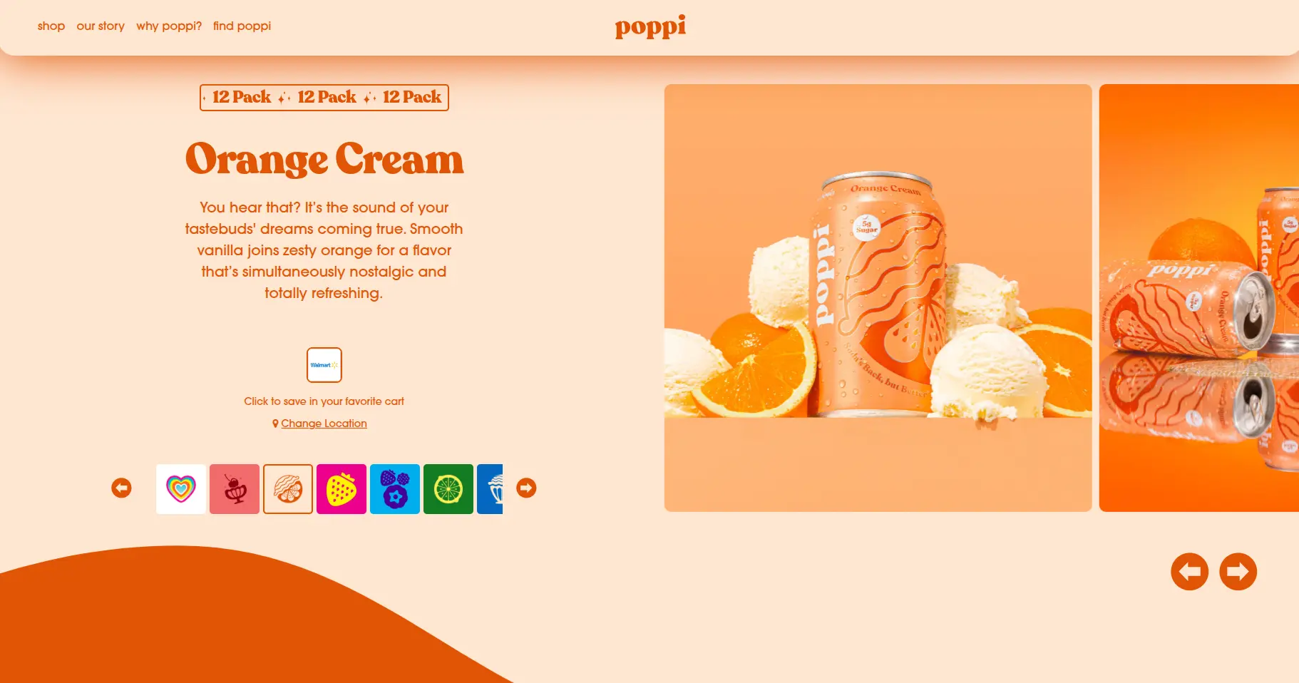 Página del sabor Orange Cream con descripción breve, carrusel de iconos de sabores y galería de producto a la derecha.