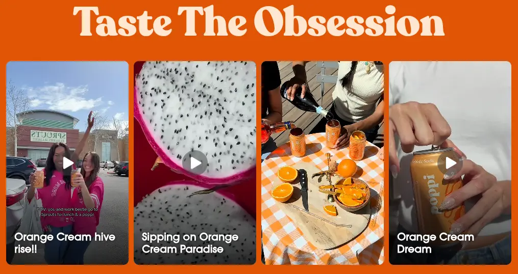 Sección «Taste The Obsession» con cuatro videos verticales de clientes reales bebiendo Poppi.