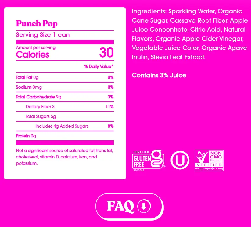 Tabla nutricional del sabor Punch Pop junto a la lista de ingredientes, sellos de certificación y botón de FAQ.