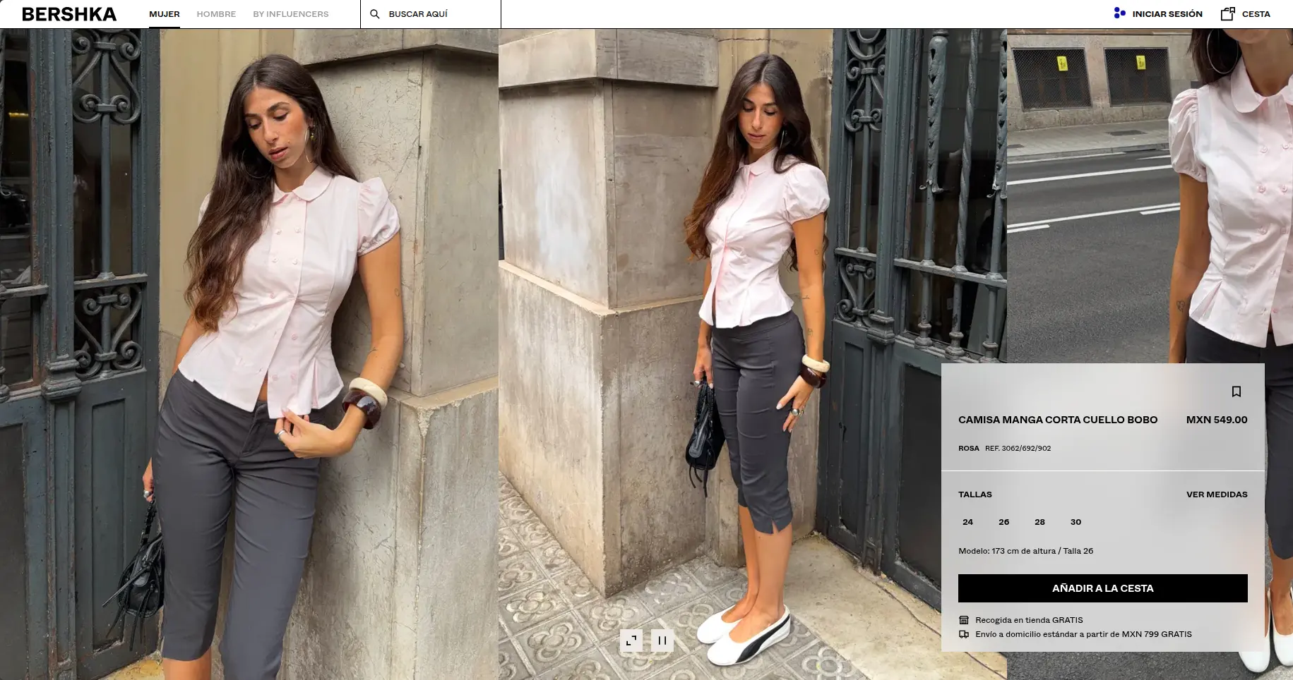 Página de producto de Bershka: tres tomas en video de la misma camisa y, encima, la ficha con precio, tallas y botón de añadir a la cesta.