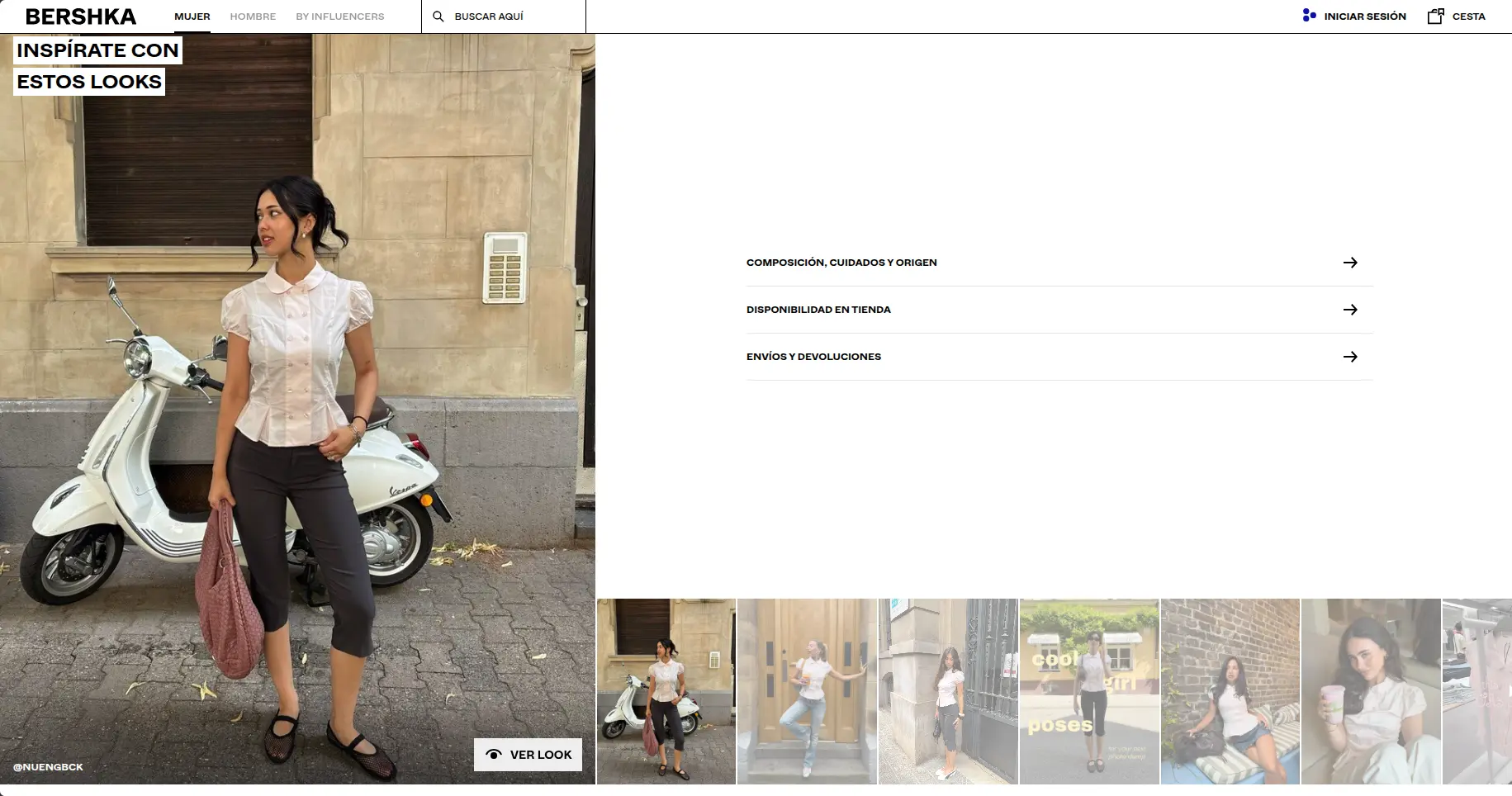 Bloque «Inspírate con estos looks» con la prenda en una fotografía de calle, acordeones de composición y disponibilidad, y miniaturas de otros creadores usándola.