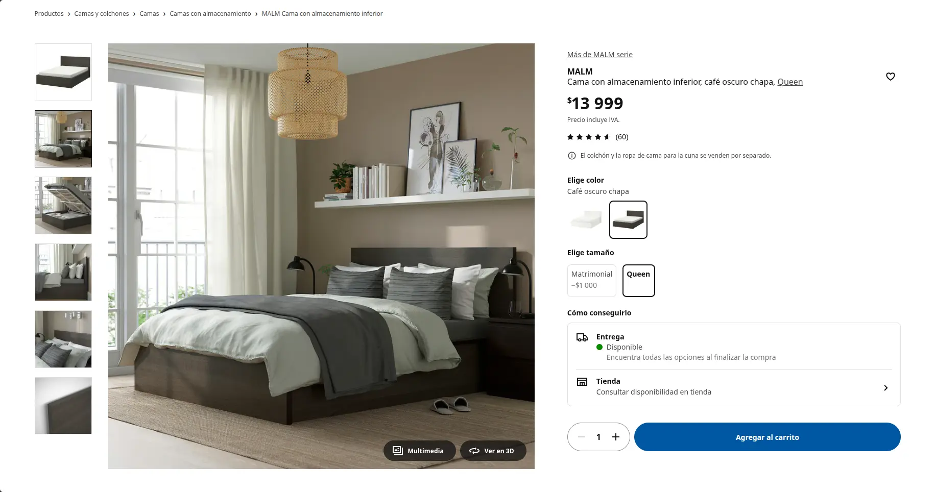 Página de la cama MALM: galería de miniaturas, precio, calificación de 60 reseñas, selectores de color y tamaño, y botón de agregar al carrito.