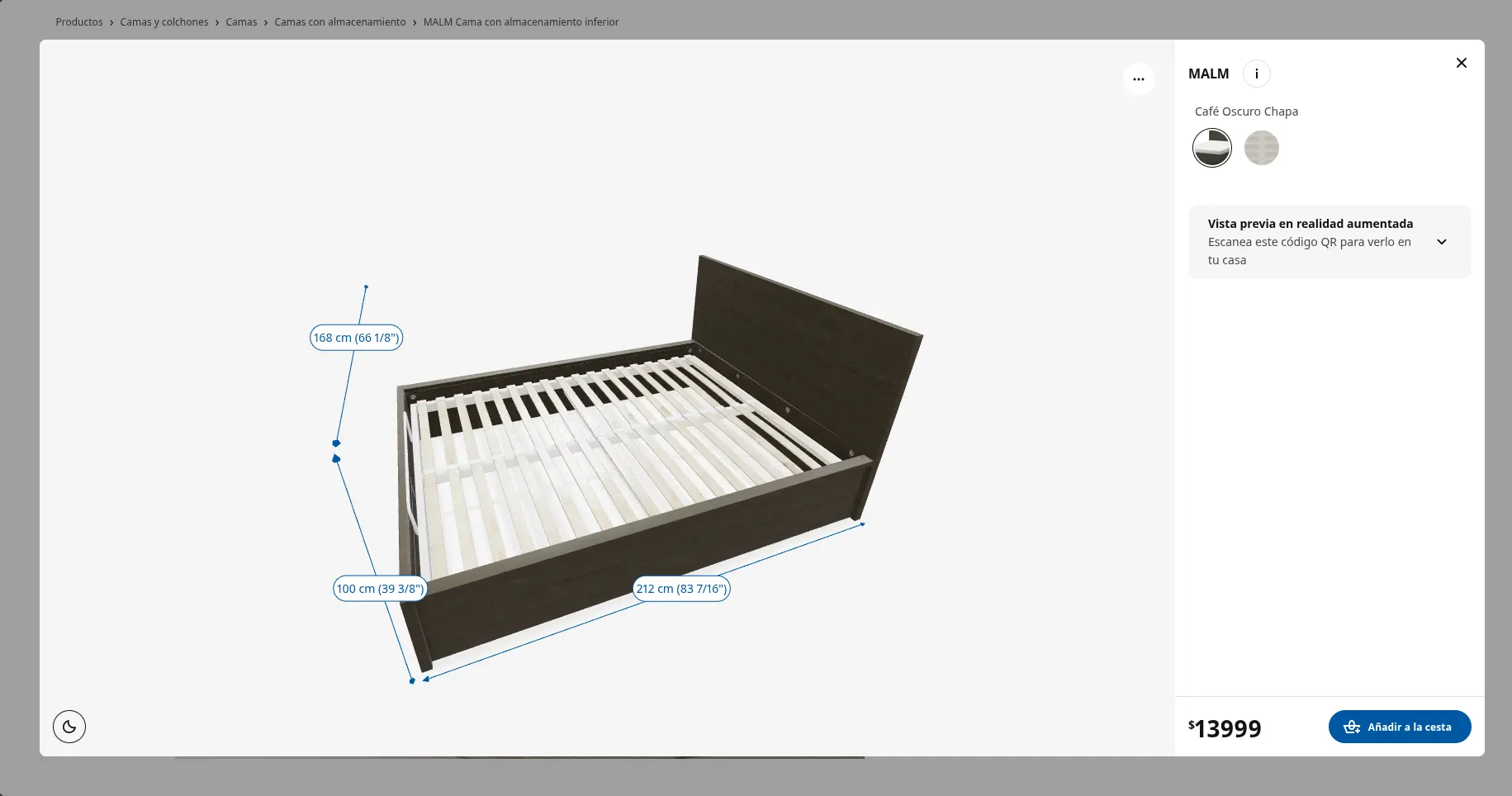 Visor 3D de la cama MALM con sus medidas acotadas, opción de vista previa en realidad aumentada y precio con botón de compra.