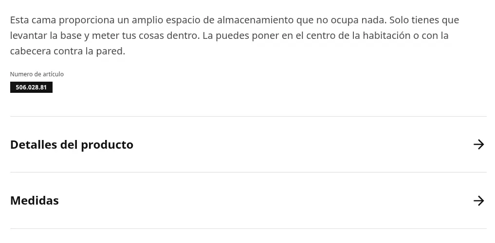 Descripción corta de la cama y acordeones de «Detalles del producto» y «Medidas».