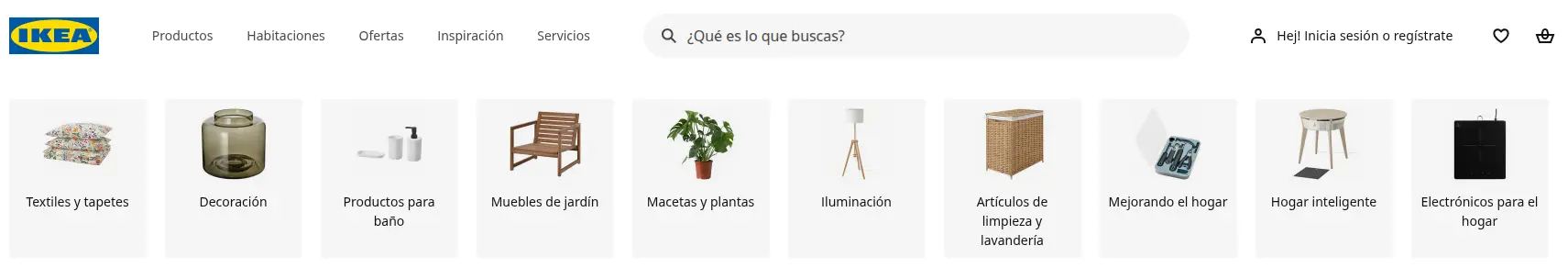 Encabezado de IKEA con la barra de búsqueda y una fila de categorías ilustradas con la foto de un producto cada una.