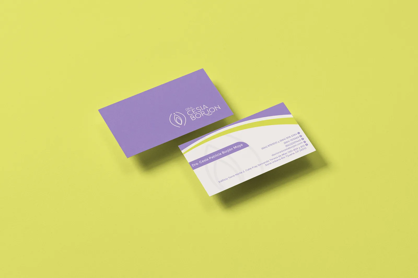 Papelería de marca de la Dra. Cesia Borjón — tarjetas de presentación