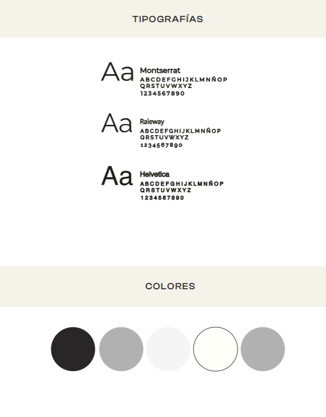 Tipografías (Montserrat, Raleway, Helvetica) y paleta de colores de la marca de Enrique Ciapara