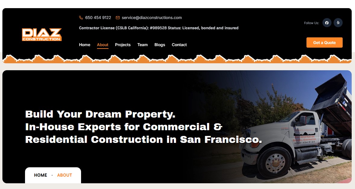 Nueva página acerca de Diaz Construction con breve historia, videos de proyectos, fotos del equipo y metodología de trabajo elaborada por Ecommetrica