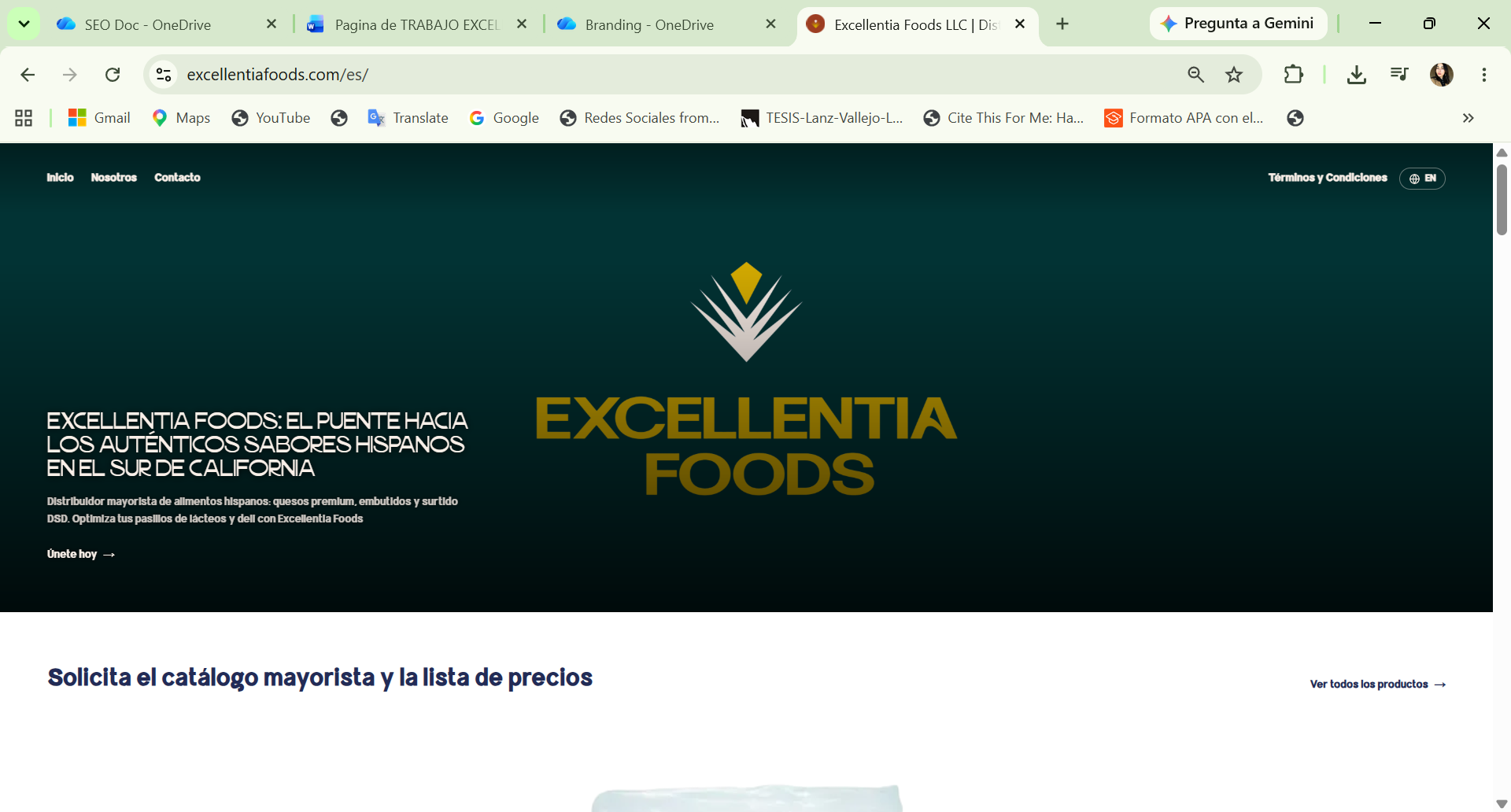 Homepage section of Excellentia Foods' website, built by Ecommetrica
