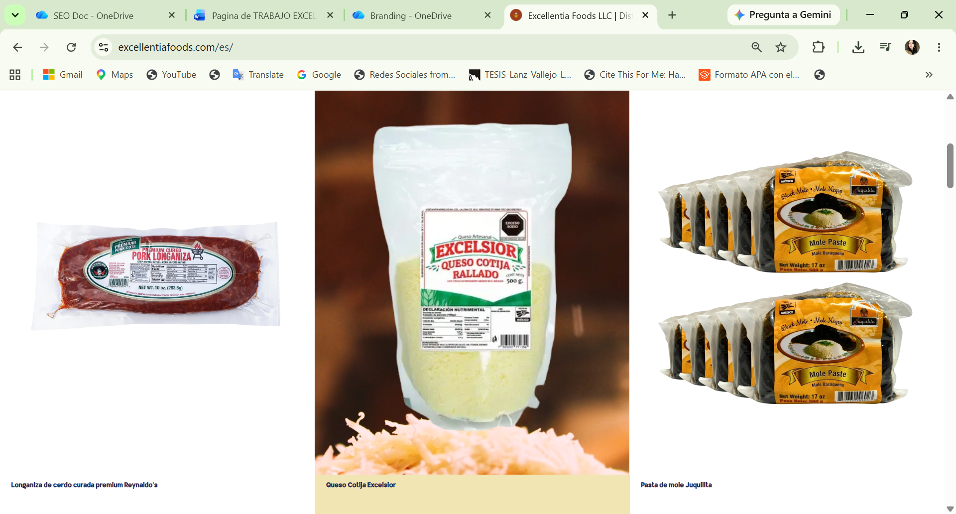 Section featuring some of Excellentia Foods' catalog products, by Ecommetrica
