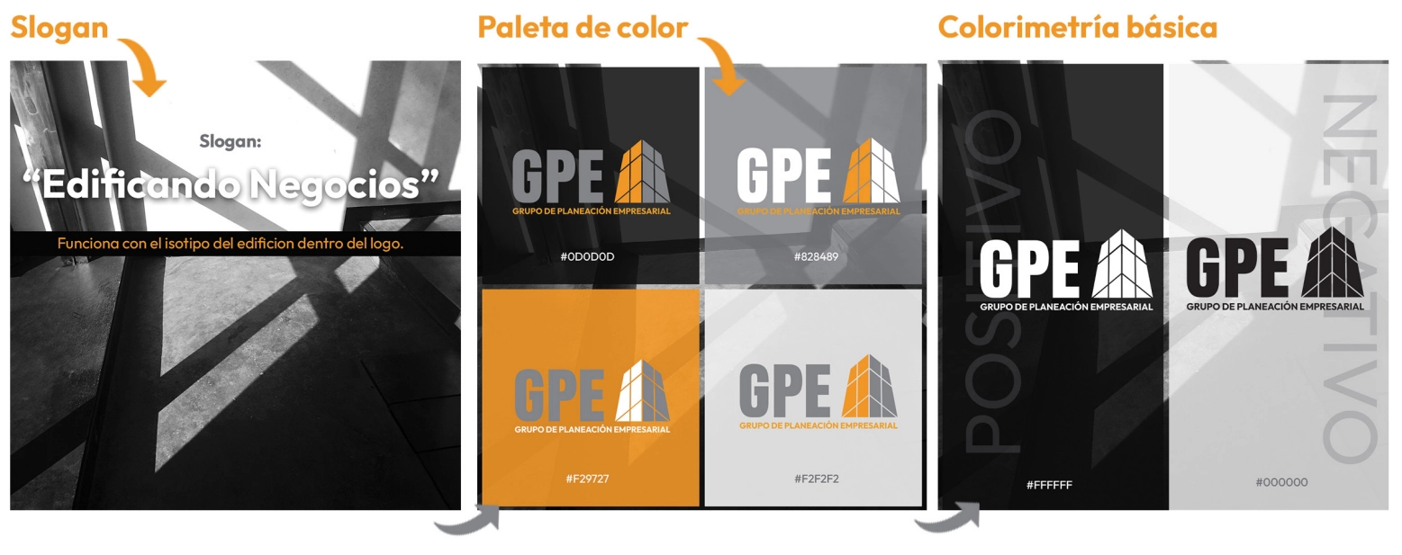 GPE's brand manual — slogan, color palette, and basic color usage