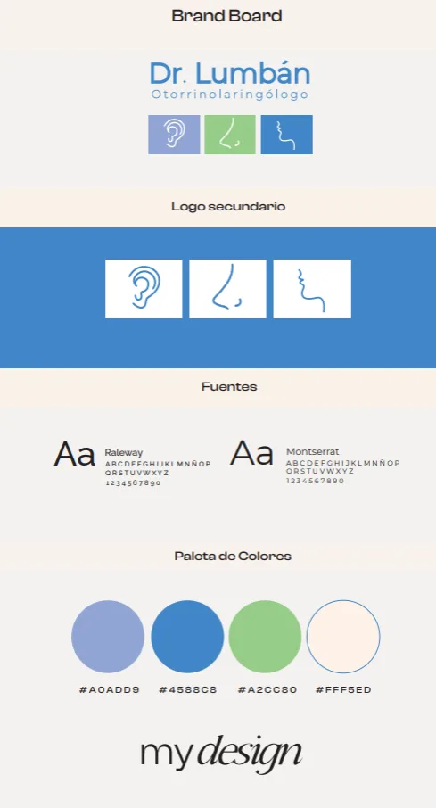 Después: brand board completo del Dr. Jaime Lumbán — logotipo, logo secundario, tipografías y paleta de colores