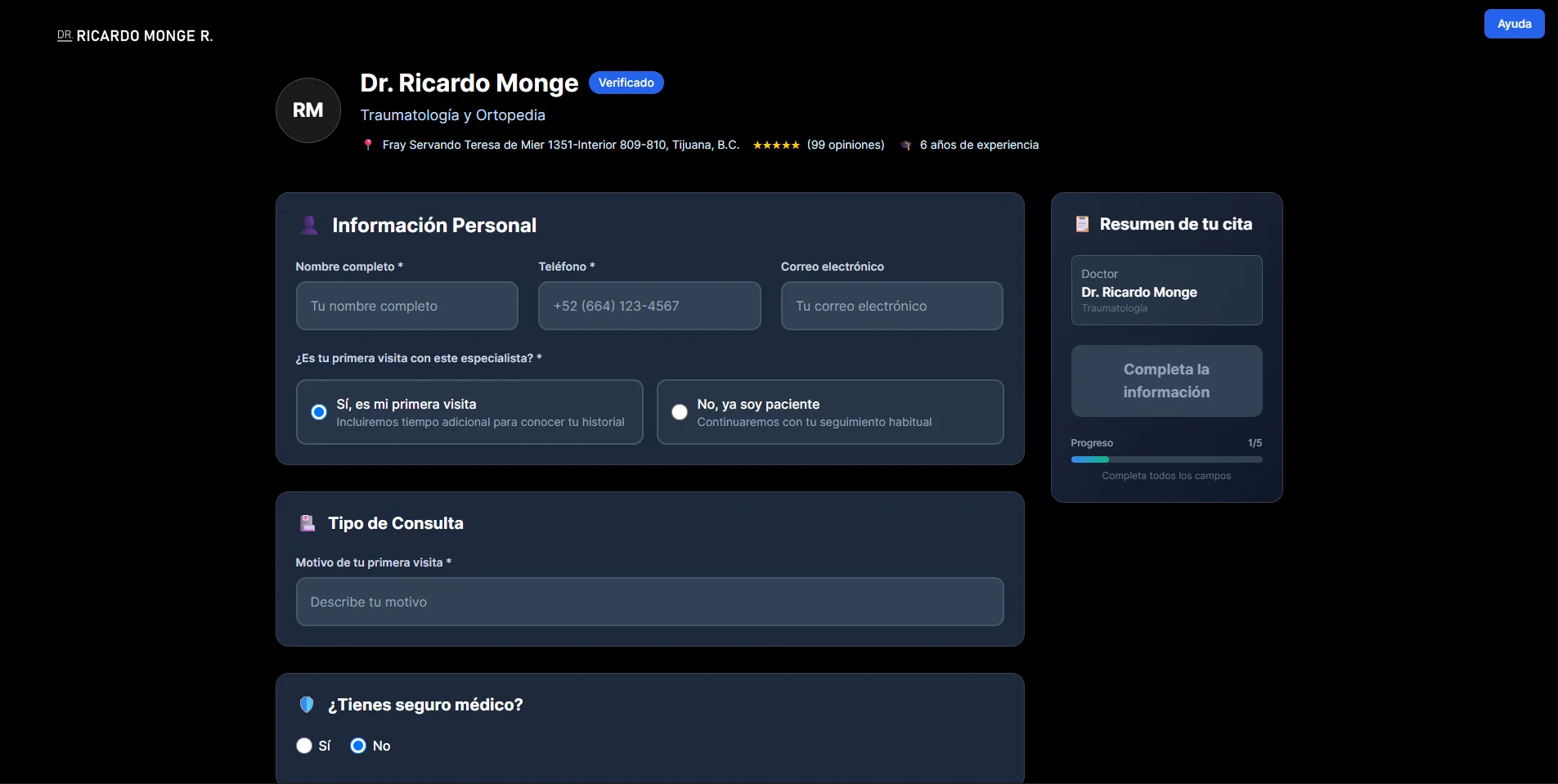 Webapp de agendado de citas del Dr. Ricardo Monge — información personal y tipo de consulta