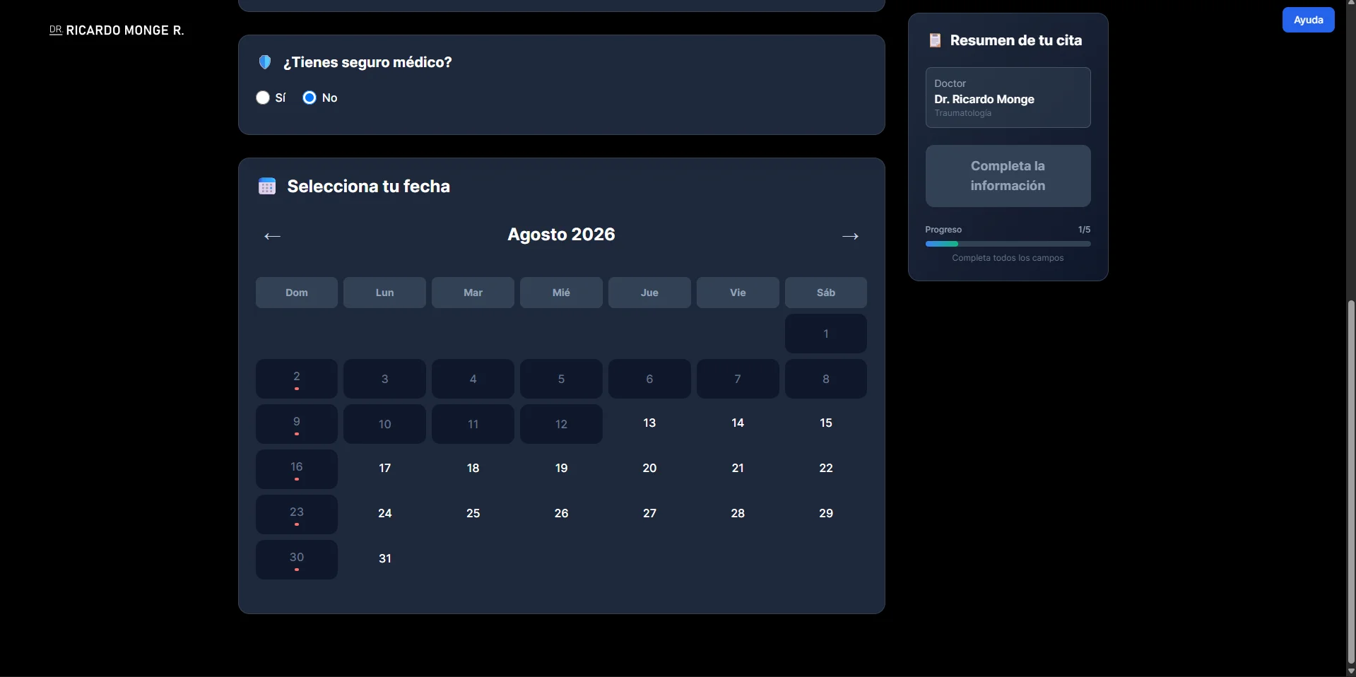 Webapp de agendado de citas del Dr. Ricardo Monge — selección de fecha